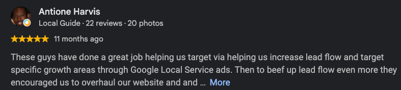 5-star Google review from Antione Harvis